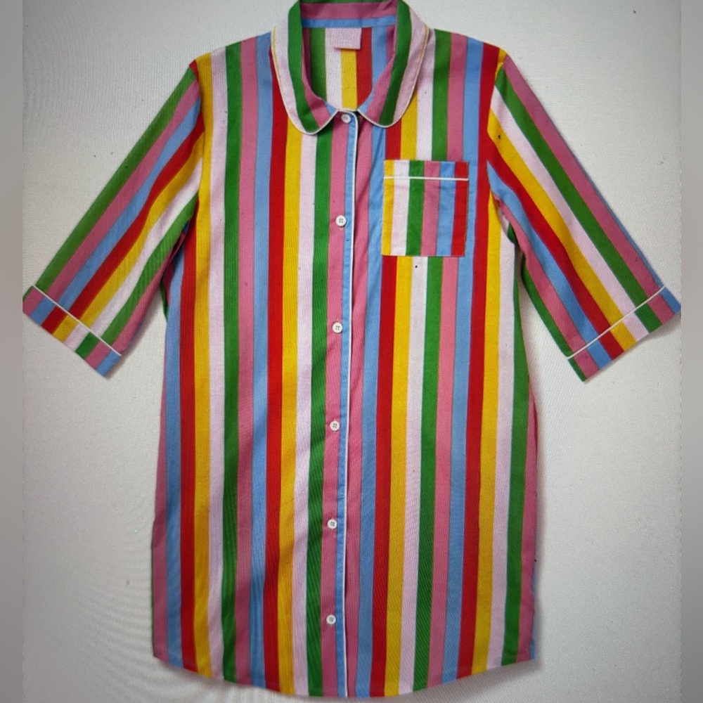 Bando 3/4 sleeve leisure rainbow button down dress with front pocket. Cotton